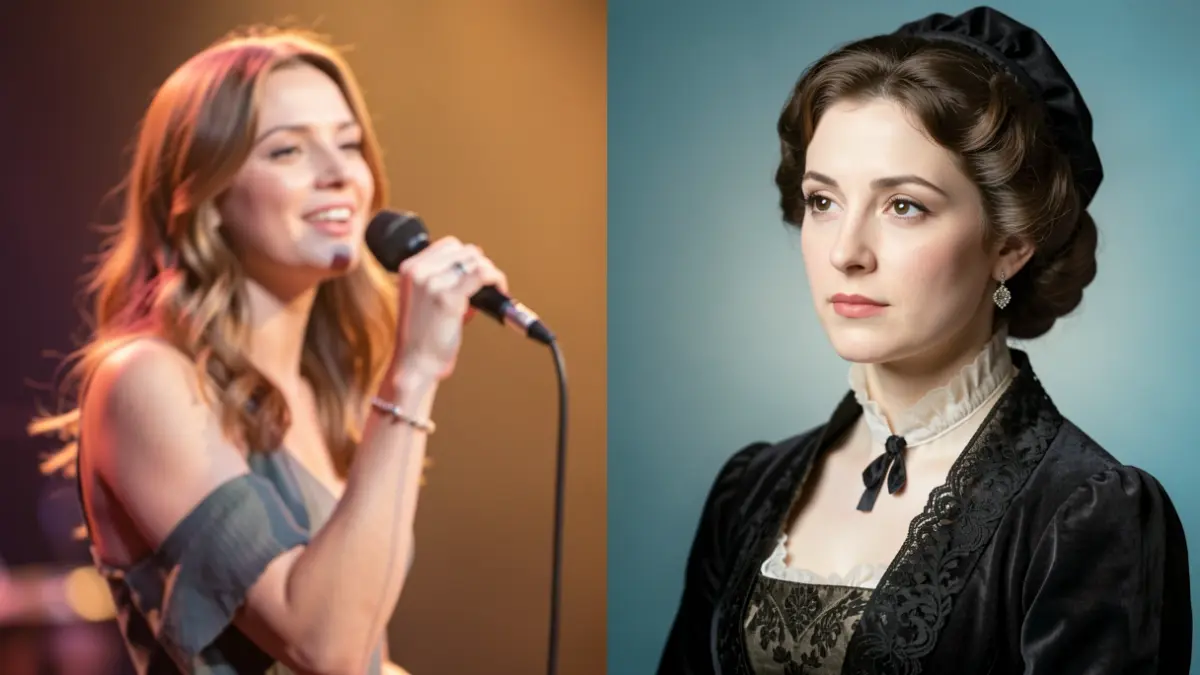 Imagen dividida que compara a una cantante moderna con una poeta del siglo XIX.