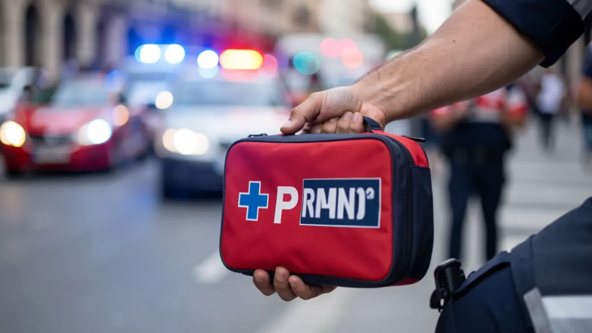 Close-up of a Samur Social paramedic's hand holding a first aid kit, with blurred emergency lights in the background.