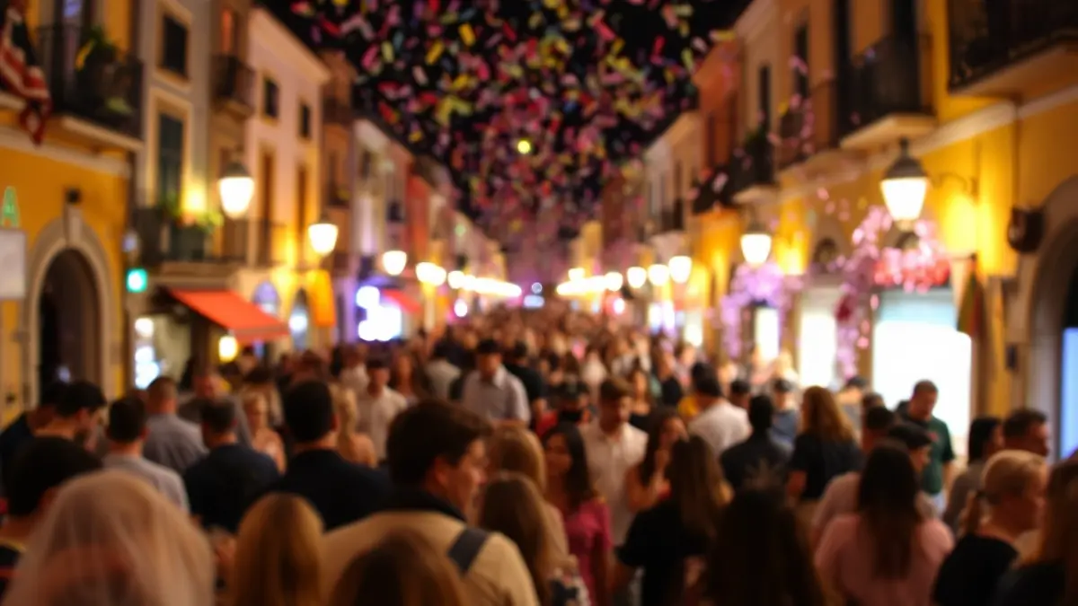 Imagen genérica de una calle festiva con luces y gente celebrando.