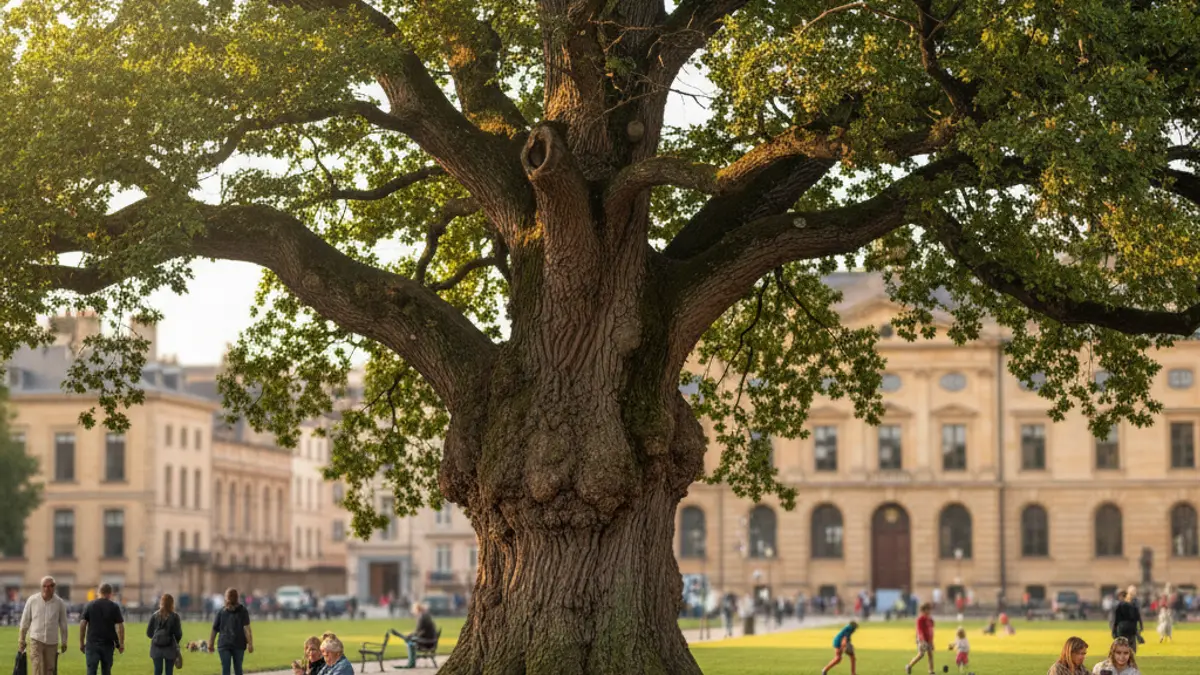 Image of a unique tree in an urban setting, highlighting its beauty and stature.