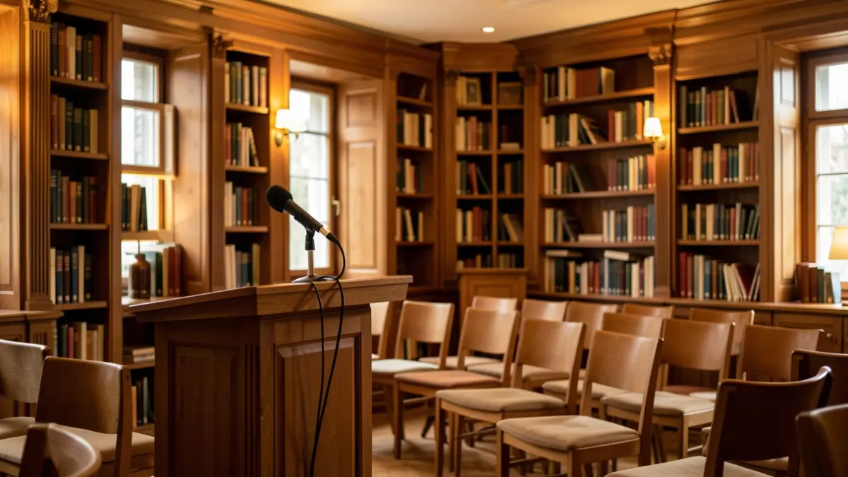 Generic image of a literary environment with bookshelves and a podium.