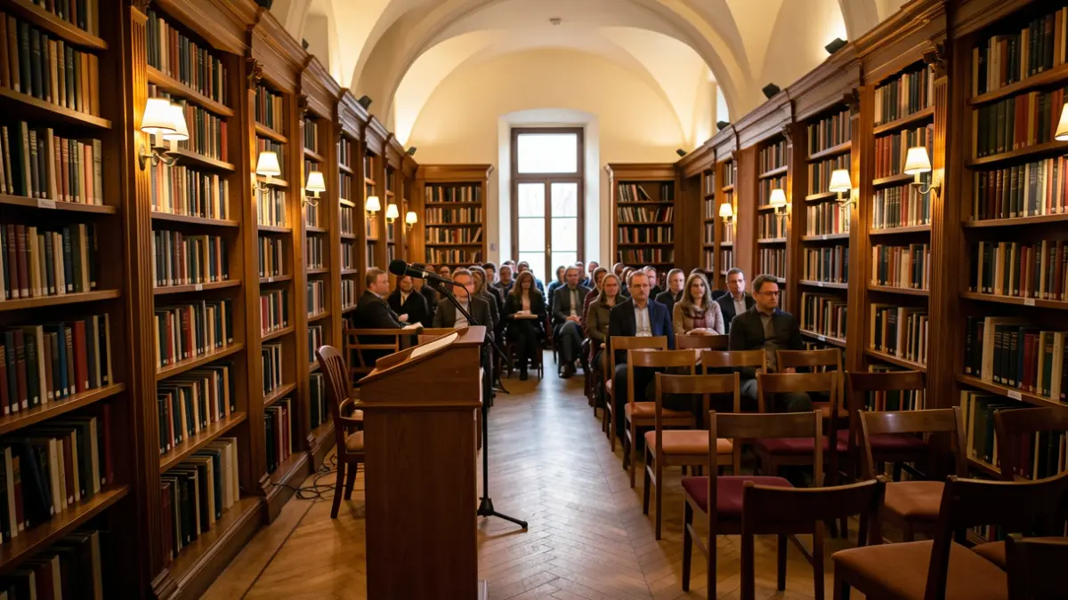 Generic image of a literary environment with bookshelves and a podium.