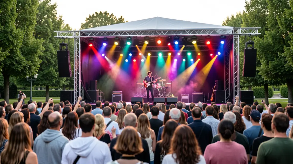 Escenario de música en un parque de San Lorenzo de El Escorial durante un concierto de jóvenes artistas.
