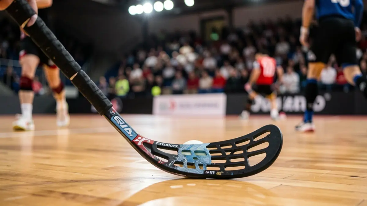 Close-up of a floorball stick and ball on a wooden court.