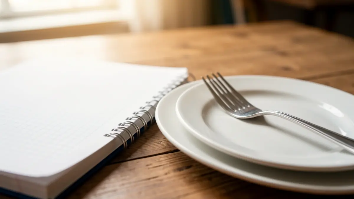 Imagen genérica de material escolar y un plato con cubiertos.