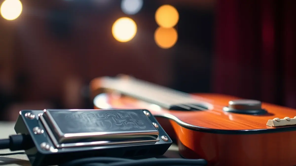 Image of a harmonica and a flamenco guitar on a stage, with blurred lights in the background.