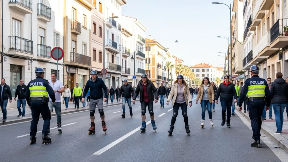 Imagen de patinadores urbanos en ruta por San Sebastián de los Reyes con escolta policial.