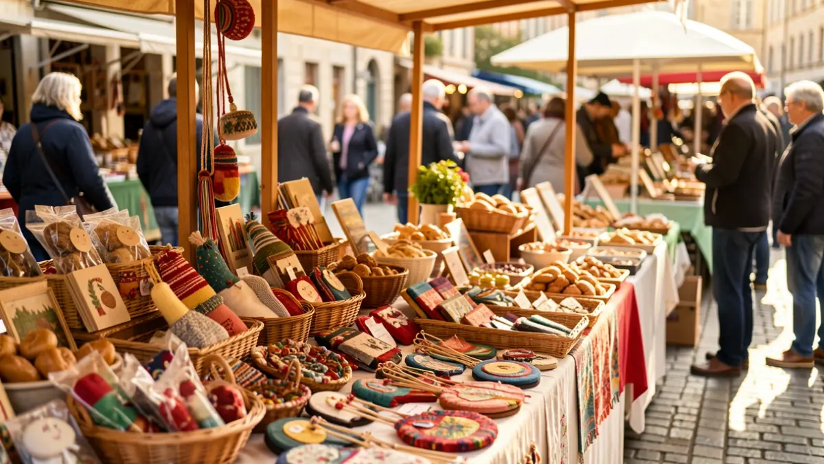 Puesto de feria con productos artesanales y alimentos, ambiente animado.