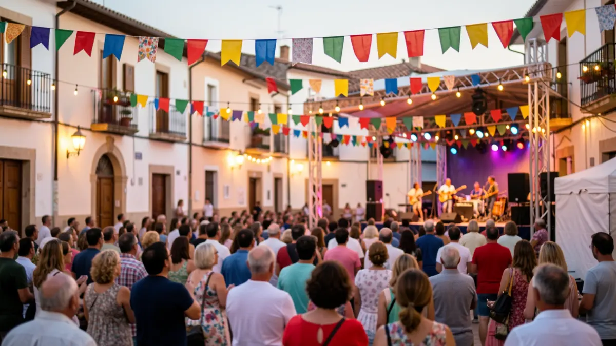 Scene of an outdoor stage in a public square during summer.