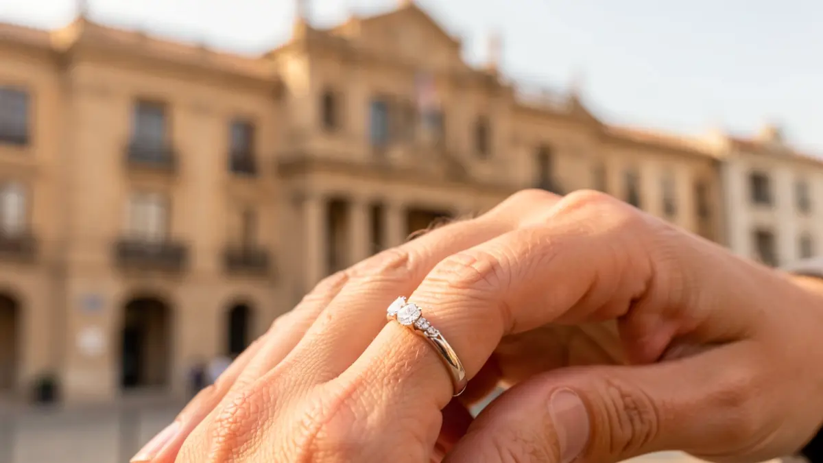 Anillo de bodas sobre una mano con el ayuntamiento de San Sebastián de los Reyes al fondo.