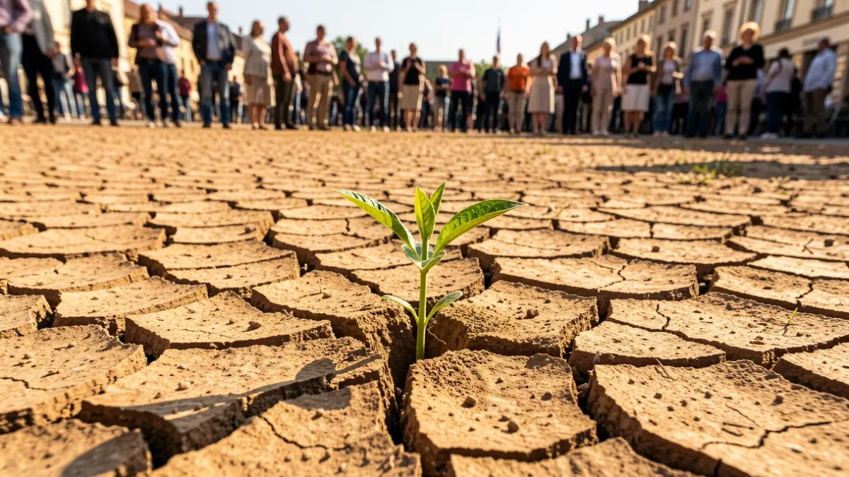 Imagen genérica de tierra agrietada con un brote verde, simbolizando la fragilidad y la conservación.