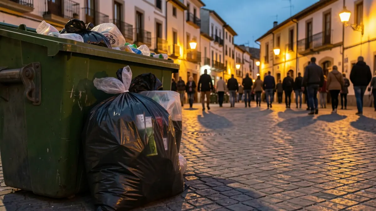 Imagen genérica de un contenedor de basura desbordado en una plaza urbana al anochecer.