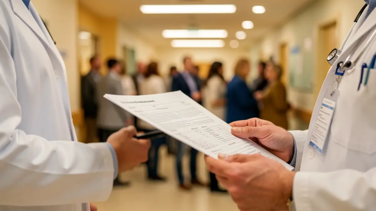 Close-up of a doctor's hands holding a medical chart, with blurred hospital interior in the background.