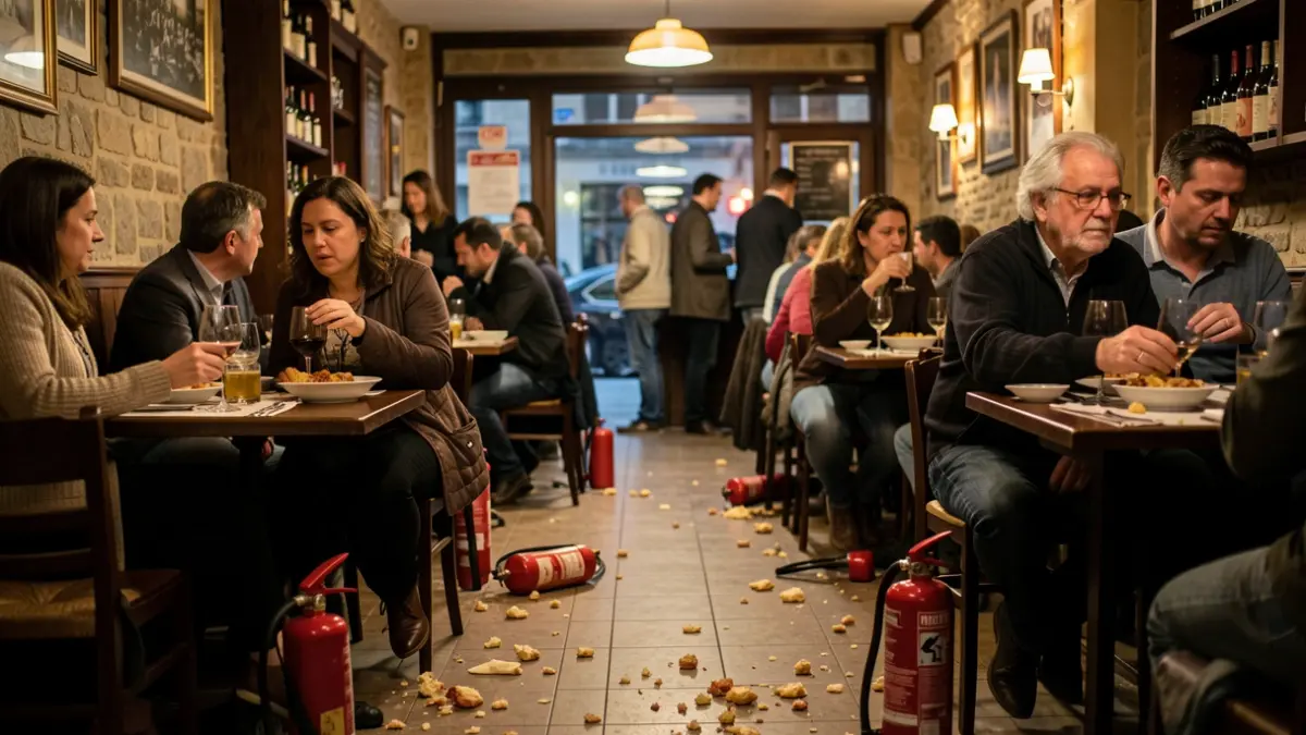 Generic image of the interior of a Spanish tapas bar at night, with customers and remnants of fire extinguishers and food on the floor.