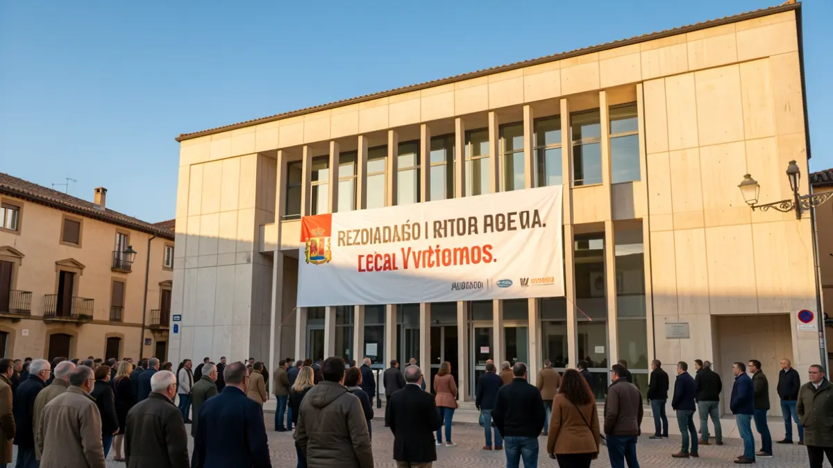Fachada de un ayuntamiento con un cartel de celebración legal.