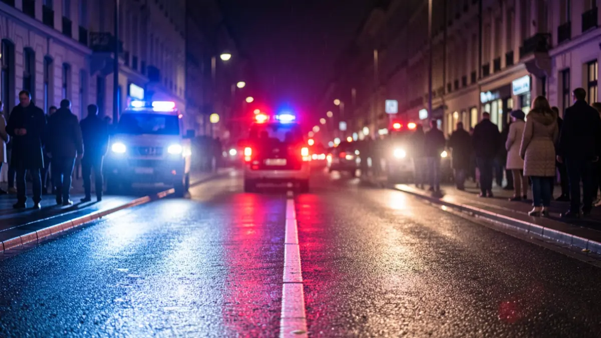 Generic image of police emergency lights reflecting on wet asphalt at night.
