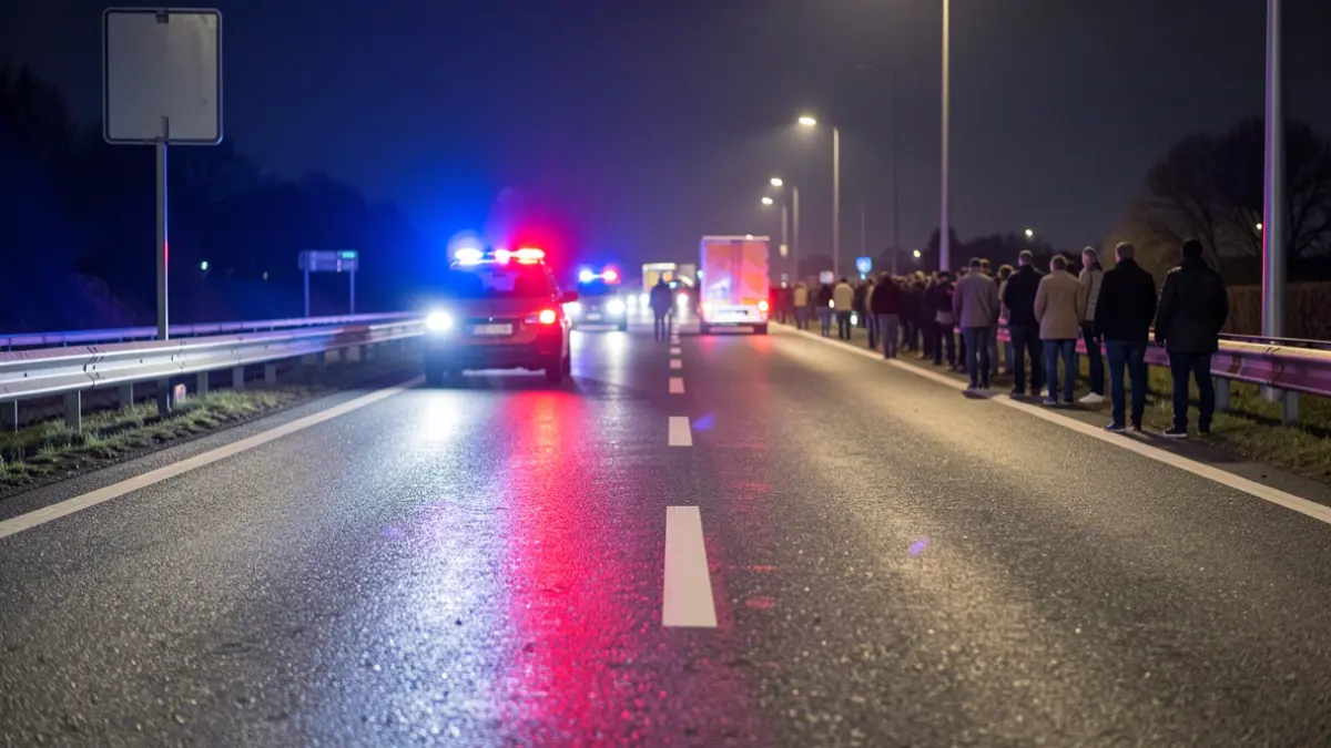 Imagen genérica de luces de emergencia reflejándose en el asfalto mojado por la noche en la M-419.