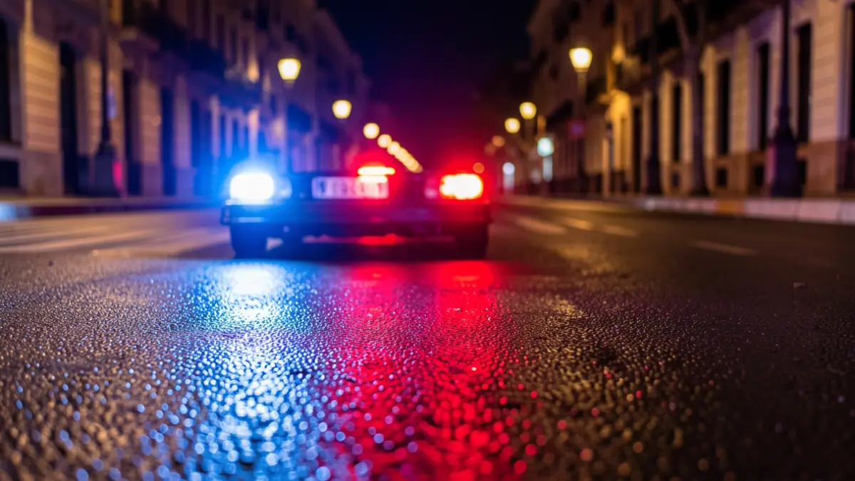 Generic image of emergency lights reflected on asphalt during a night intervention.