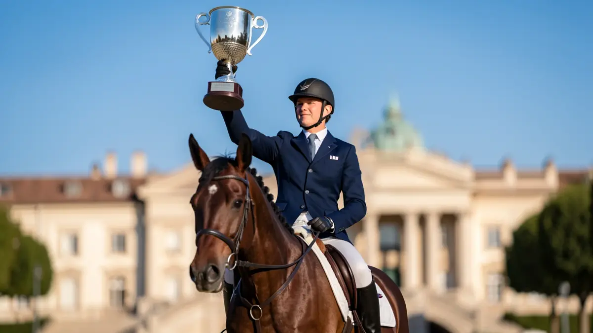 El jinete francés Simon Delestre levanta el trofeo del Longines Global Champions Tour Gran Premio de Madrid con su caballo Gatsby du Tillard.