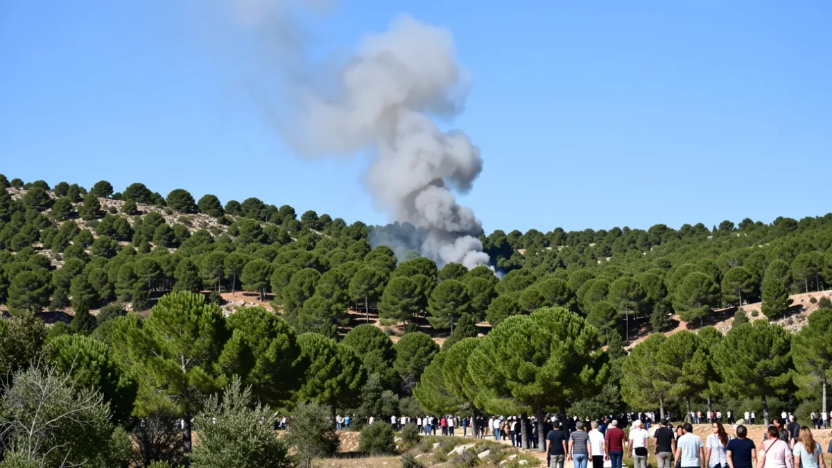 Imagen genérica de una columna de humo sobre una ladera de bosque de pinos en la Comunidad de Madrid.