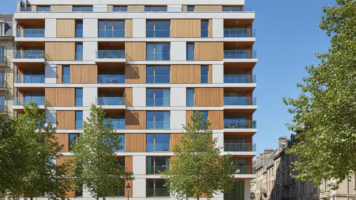 Generic image of a modern residential building with wooden elements.
