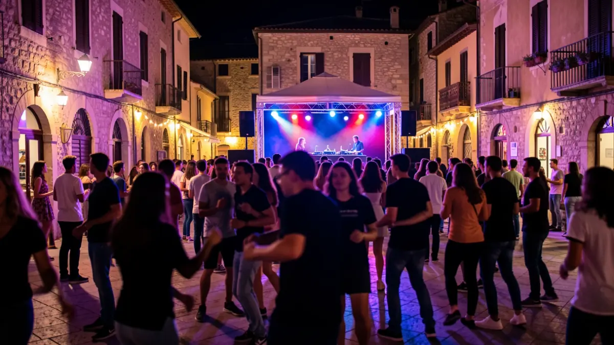 Generic image of a town square at night with colorful lights and silhouettes of young people.