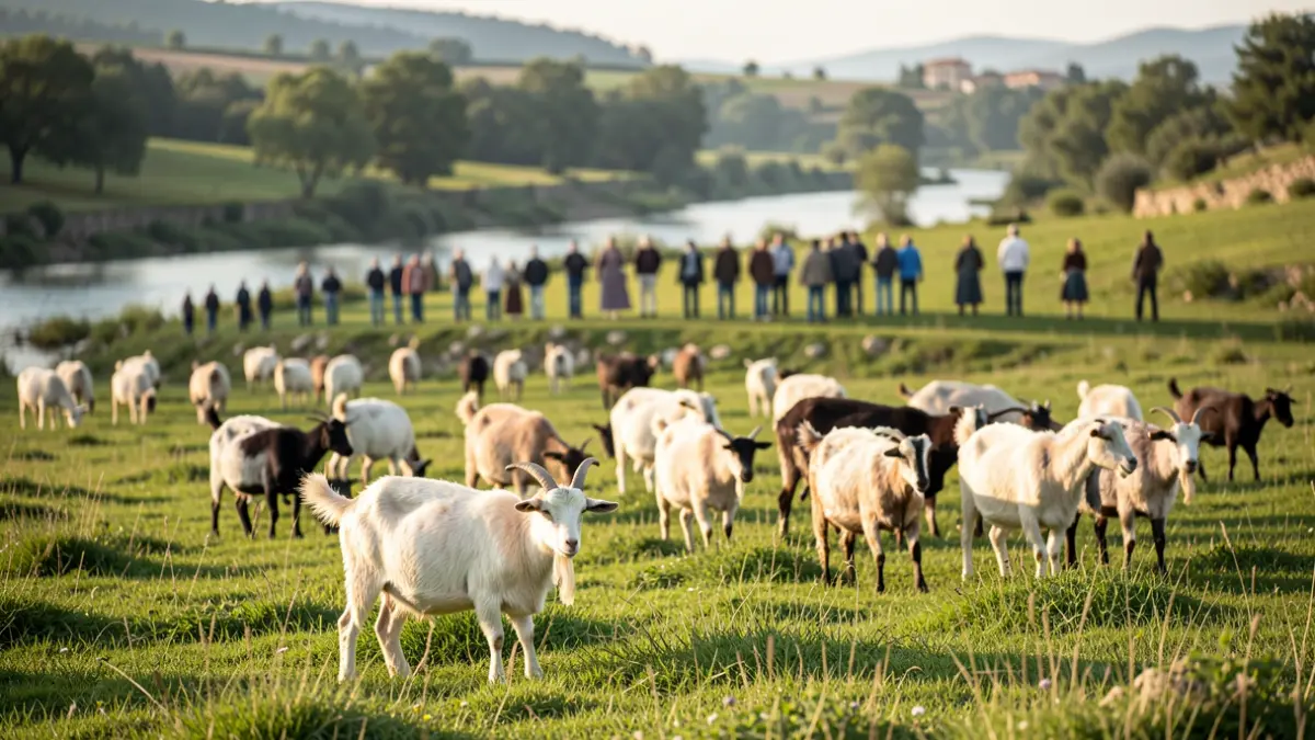 A herd of goats grazing in a natural environment during an environmental outreach day.