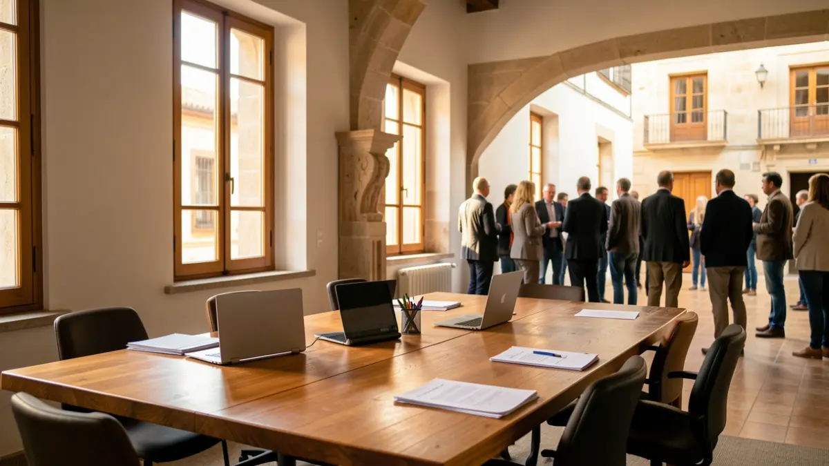 Imagen de una sala de juntas en el Ayuntamiento de Colmenar Viejo con equipos tecnológicos.