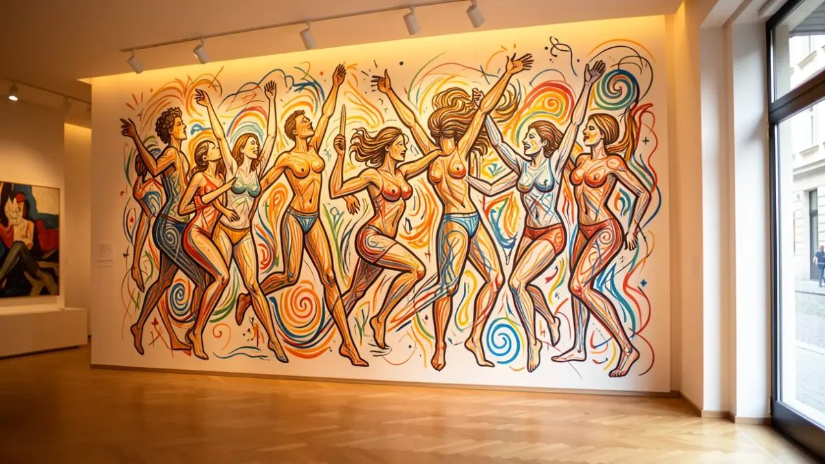 Abstract mural of dancing figures in an art gallery lobby.