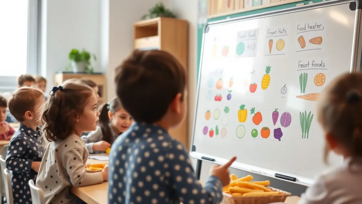 Imagen genérica de niños aprendiendo sobre nutrición en un aula.
