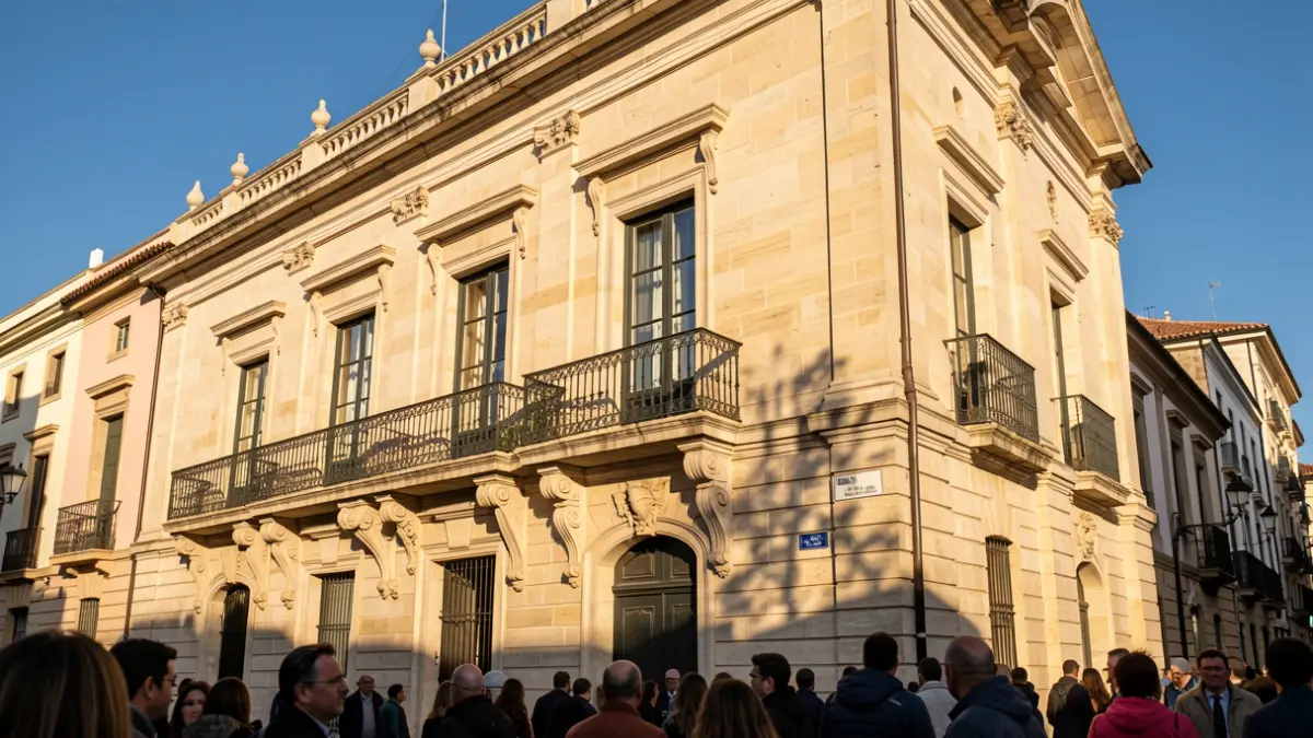 Facade of a town hall in the Community of Madrid with a balcony and iron railings, warm afternoon light.