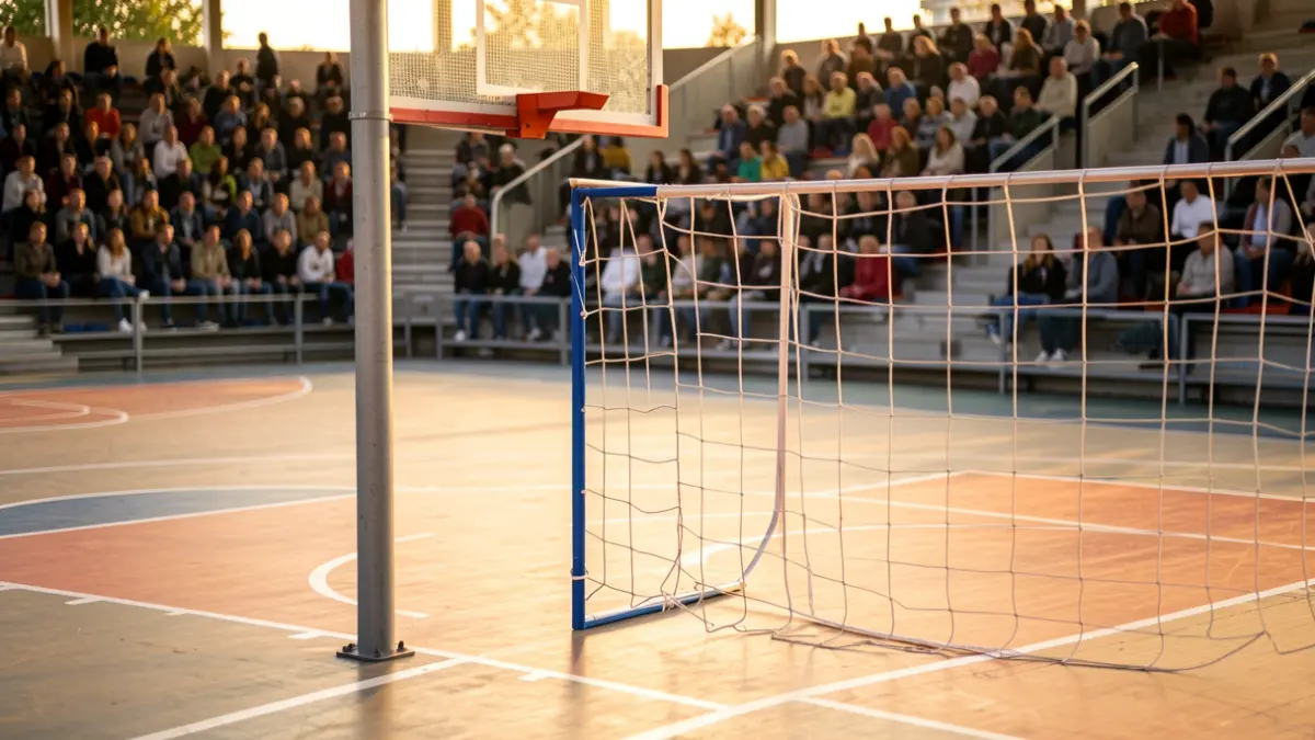 Pista de baloncesto con canasta y red, iluminada por la luz del atardecer.