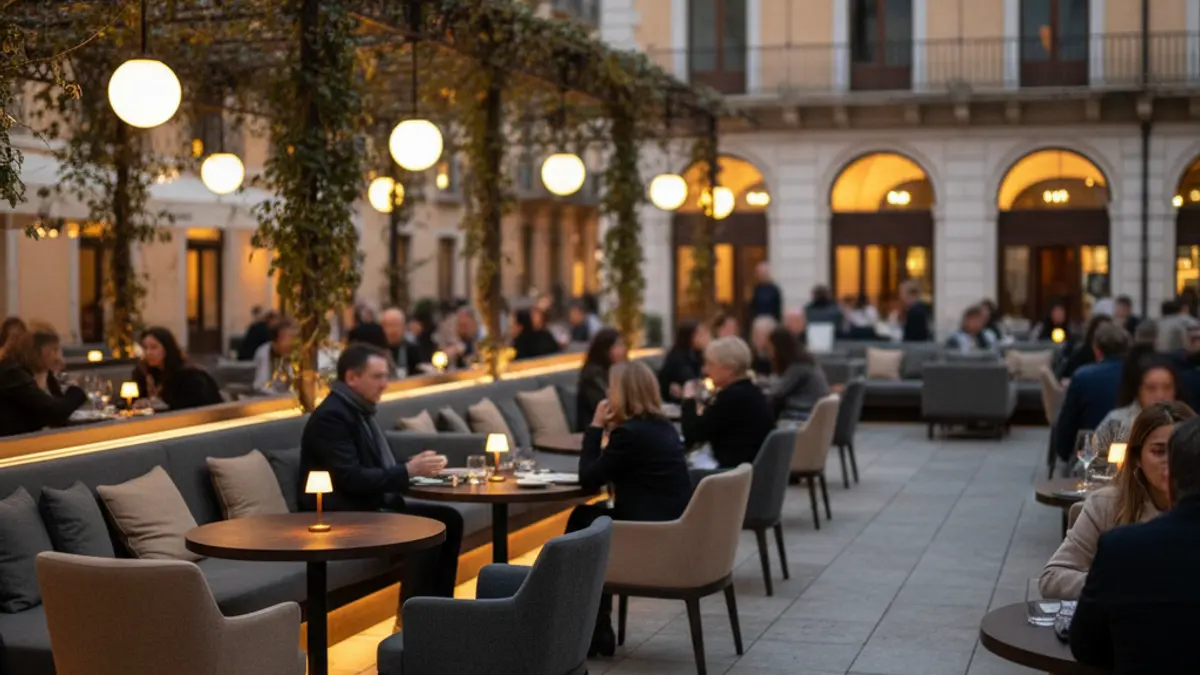 Generic image of a restaurant terrace in a European city.