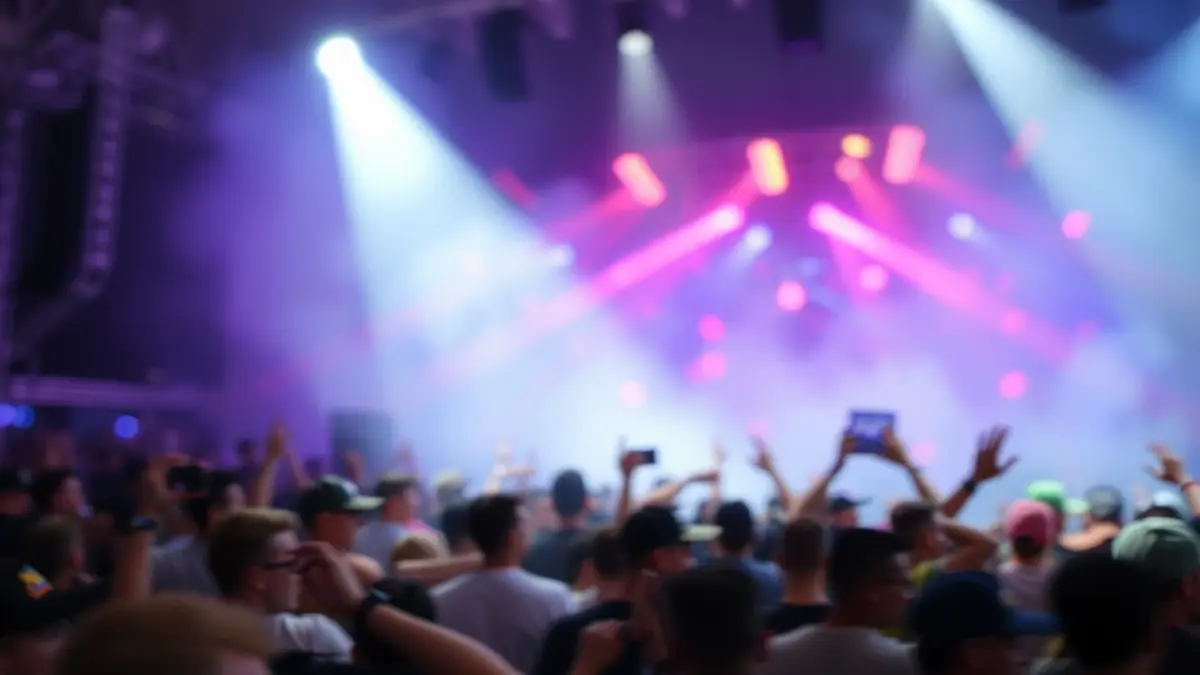 Generic image of an electronic music festival with blurred lights and crowd.