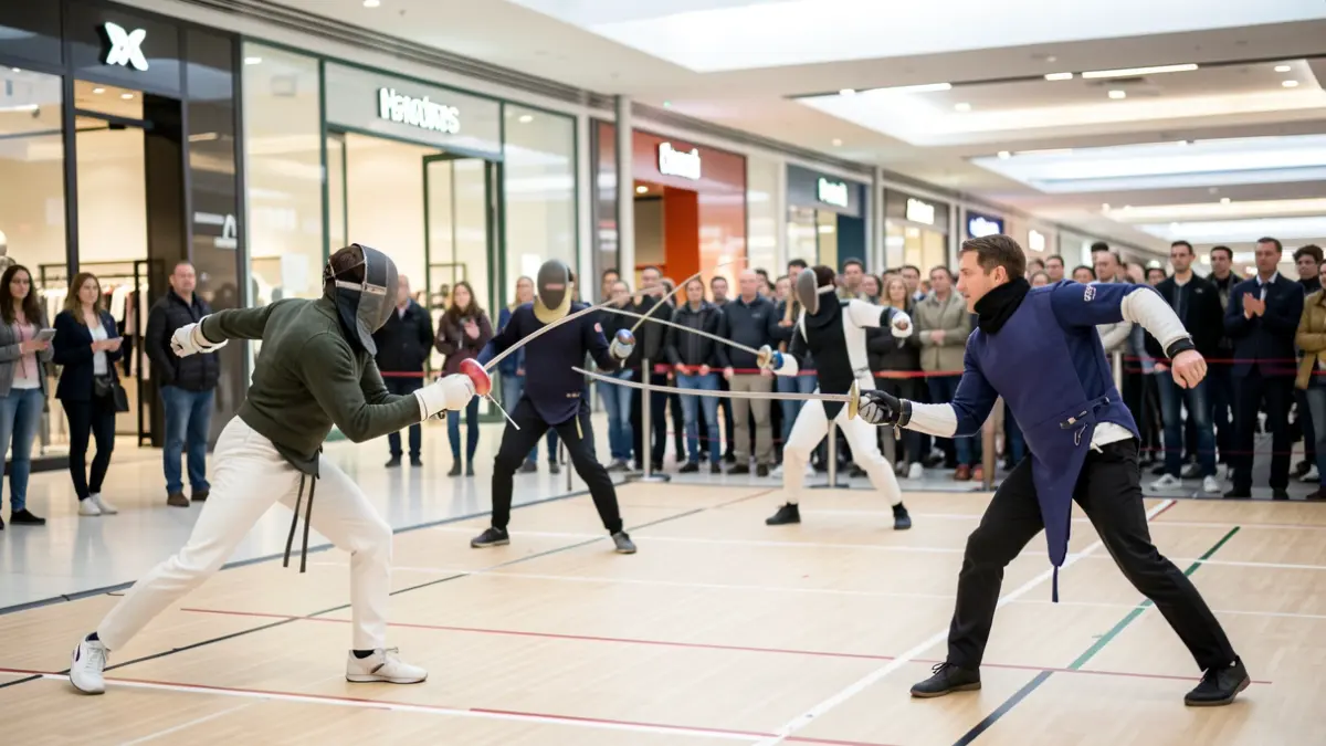 Image of fencing athletes competing inside a shopping mall.