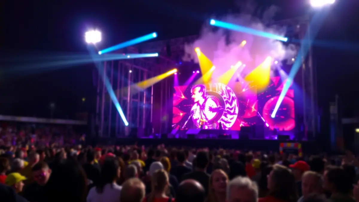 Imagen de un escenario de musical con luces y efectos visuales.