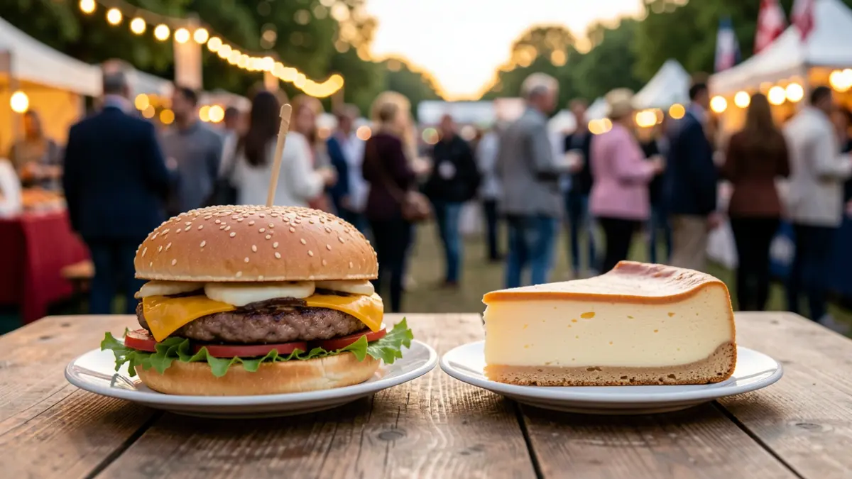Imagen de una hamburguesa gourmet y una tarta de queso en un entorno de festival.