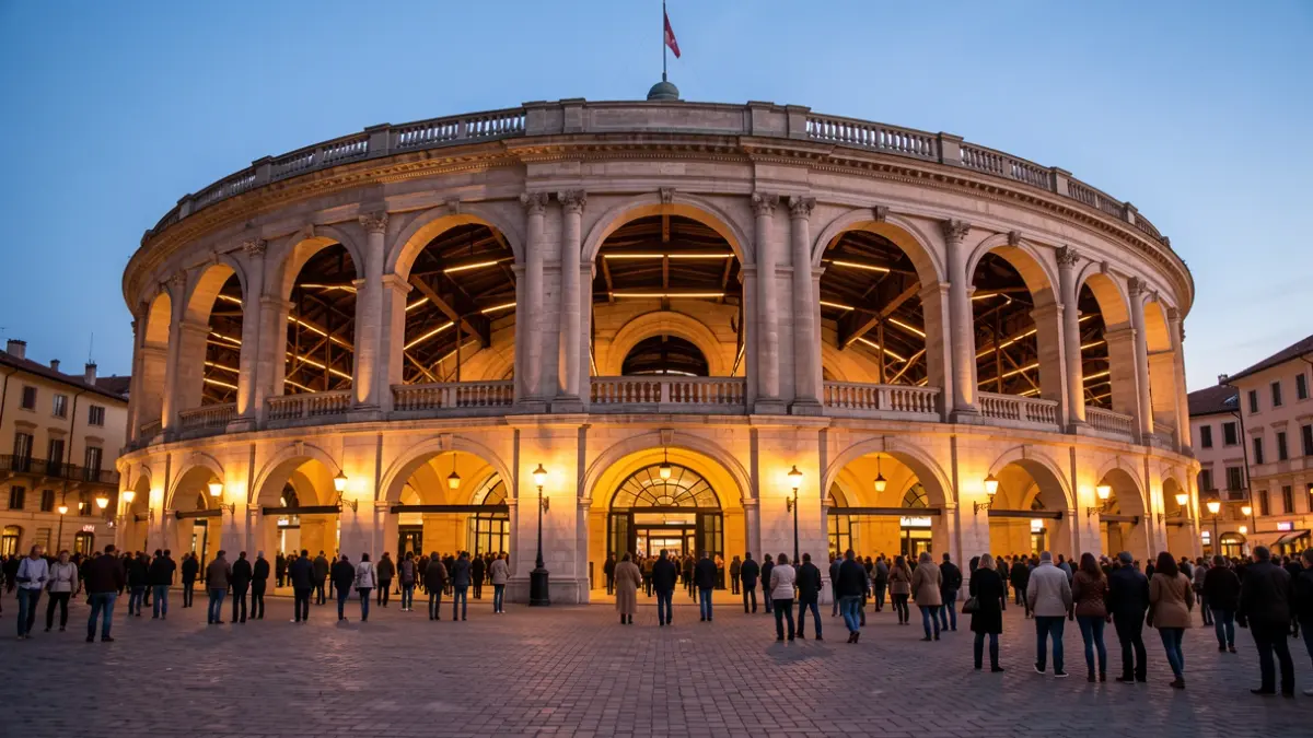 Imagen genérica del exterior de una plaza de toros iluminada al atardecer.