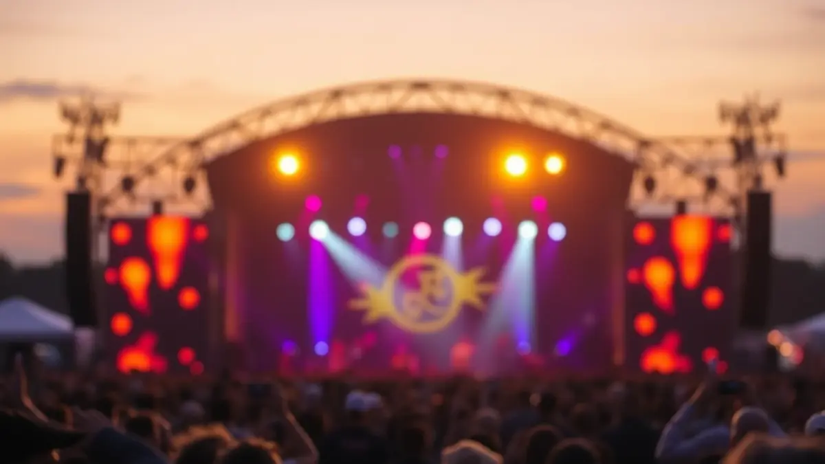 Imagen genérica de un escenario de concierto al aire libre con luces y siluetas de público.