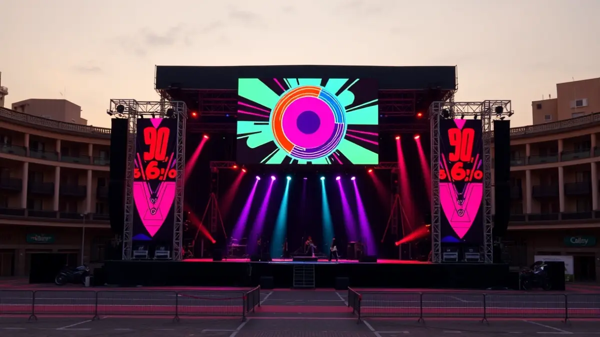 Imagen de un escenario de concierto con luces de colores y gráficos ochenteros en una plaza de toros vacía.