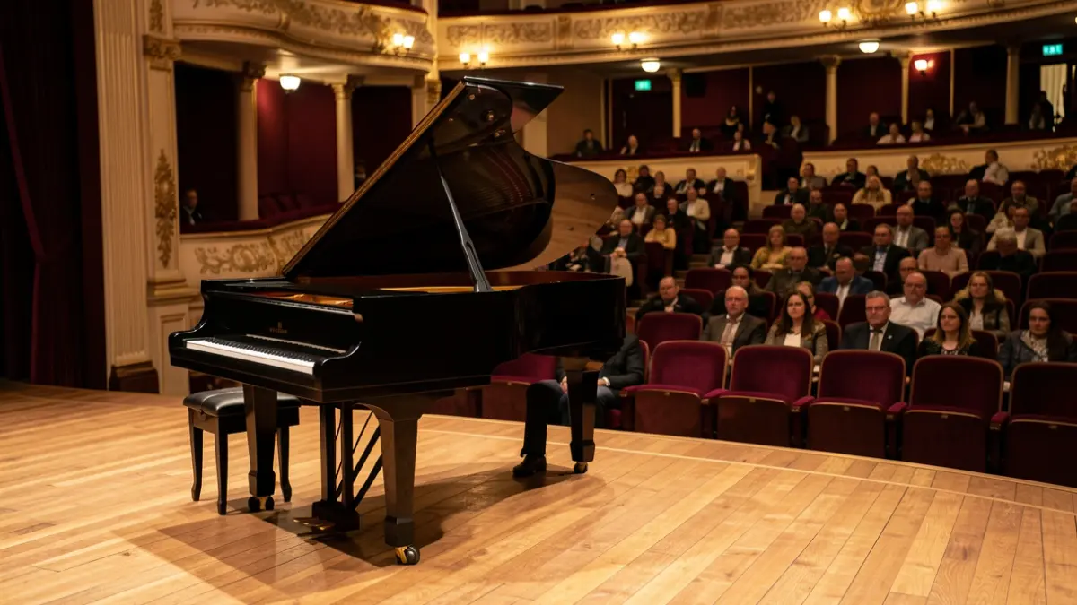 Theater stage with a grand piano under warm lighting.