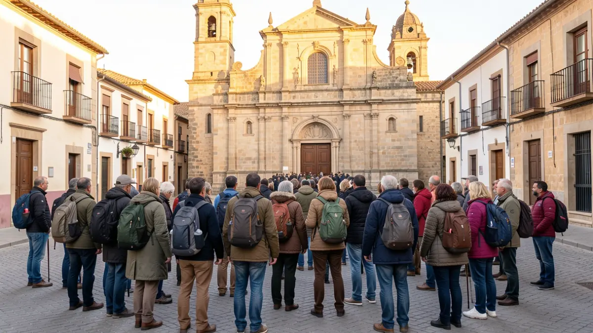 Imagen genérica de peregrinos en una plaza de pueblo español.