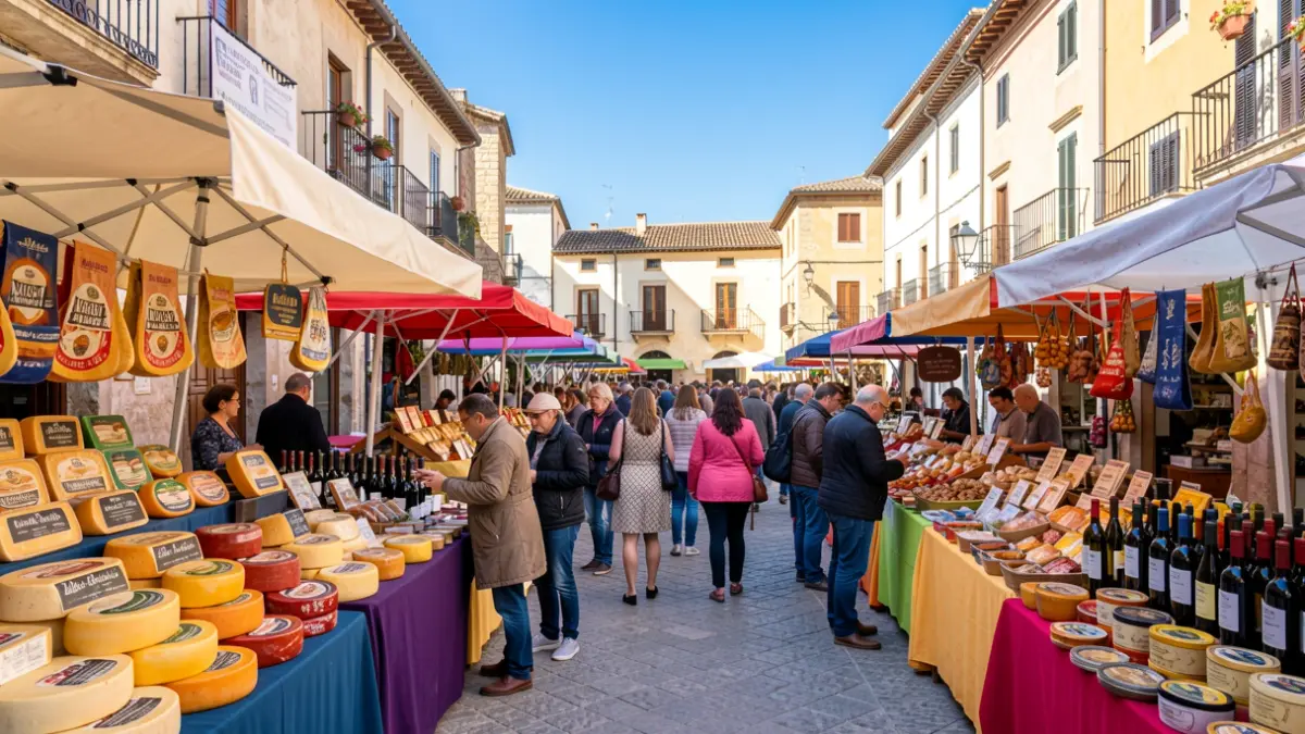 Generic image of an outdoor gastronomic market with gourmet product stalls and a festive atmosphere.