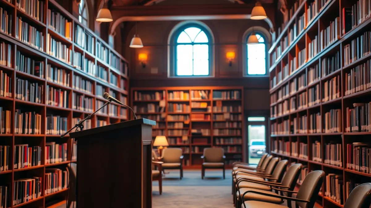 Generic image of a library interior with wooden bookshelves and a microphone on a podium.