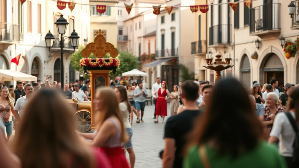 Image of a festive atmosphere in a town square with traditional elements.