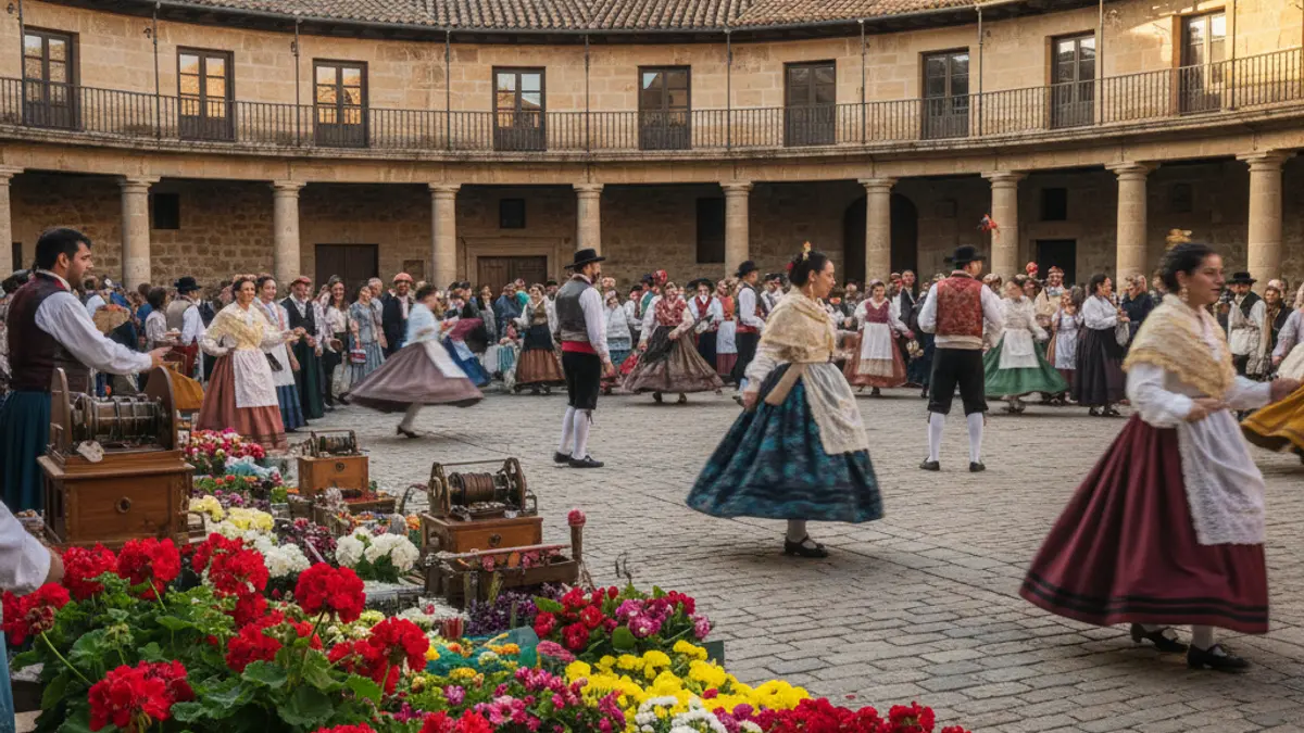 Imagen de la Plaza de la Constitución de Torrelodones durante la celebración de San Isidro, con puestos de flores y personas vestidas con trajes tradicionales.