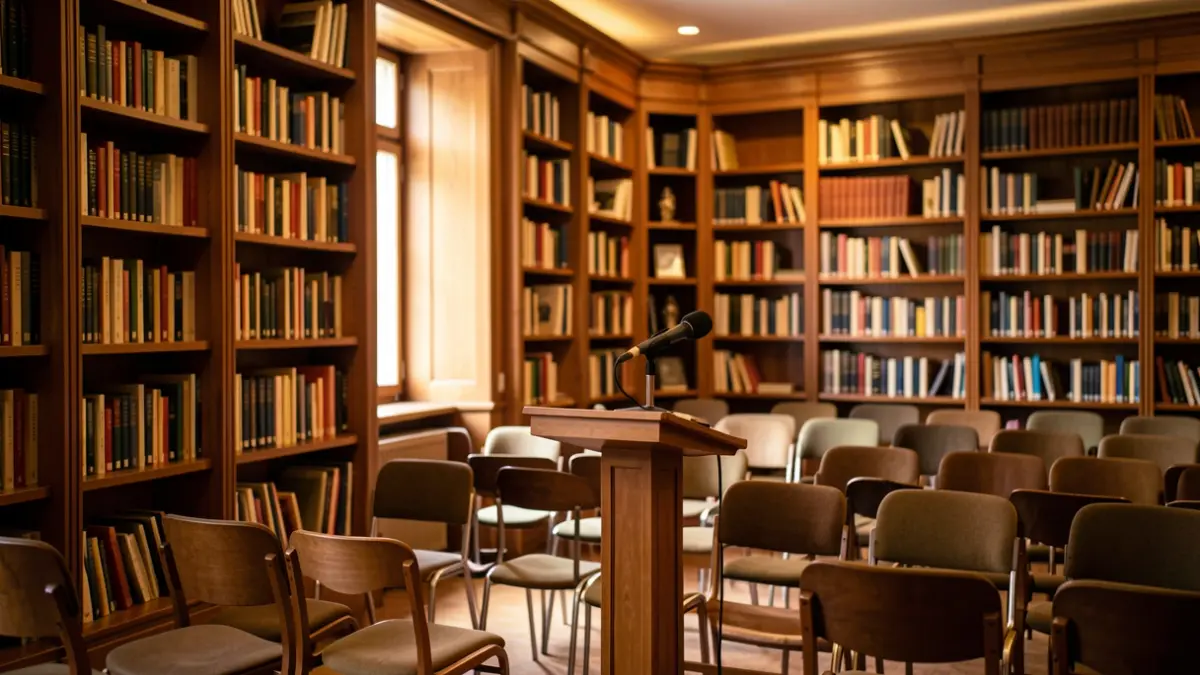 Imagen genérica de una sala de conferencias o biblioteca con ambiente cultural.