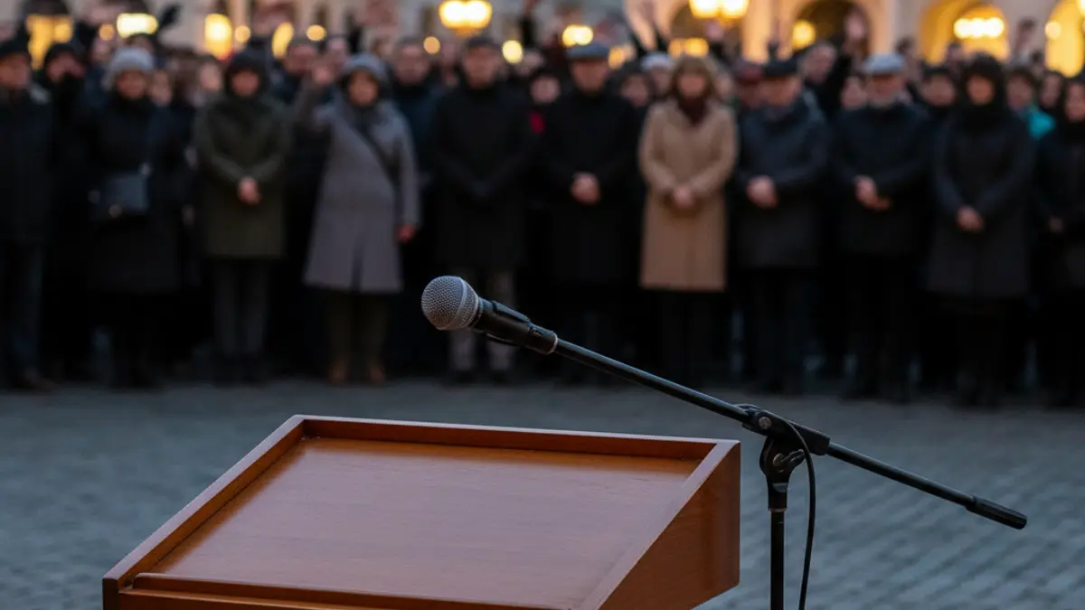 Generic image of a public concentration or protest with a microphone in the foreground.