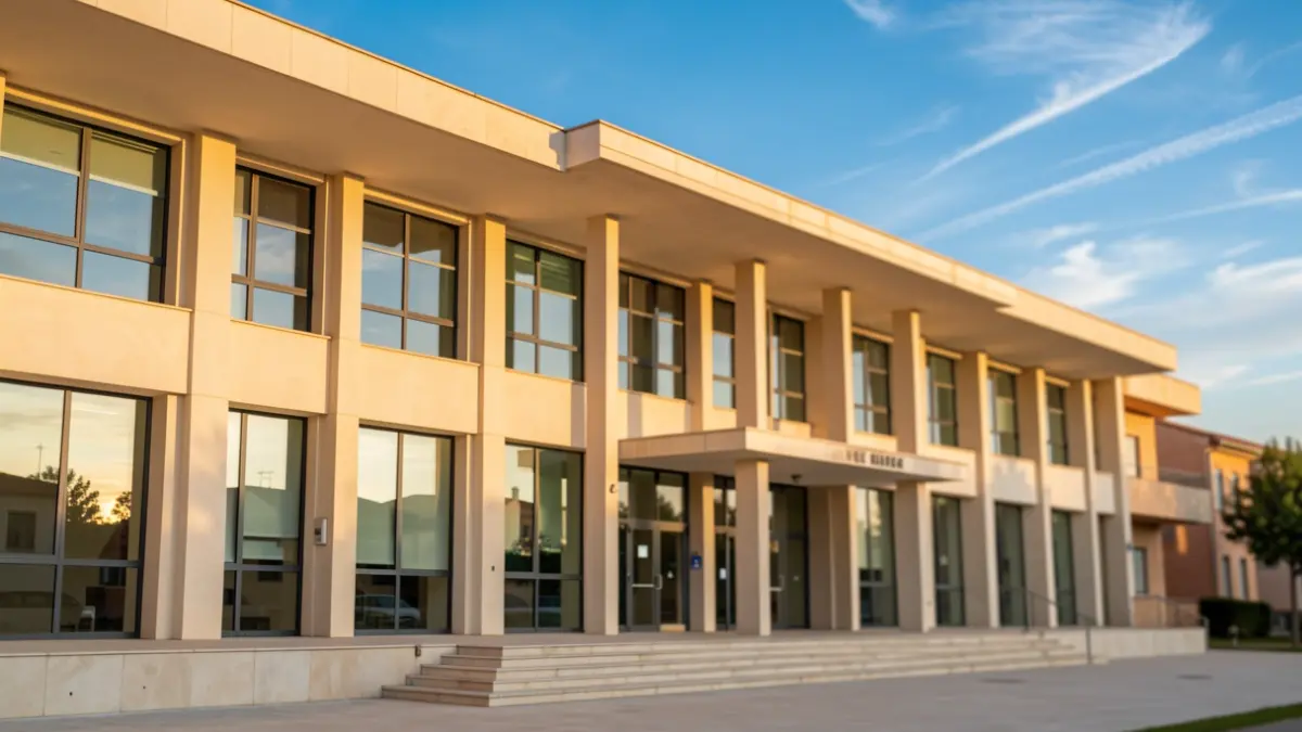 Fachada del Ayuntamiento de Tres Cantos bajo la luz del sol de la tarde.