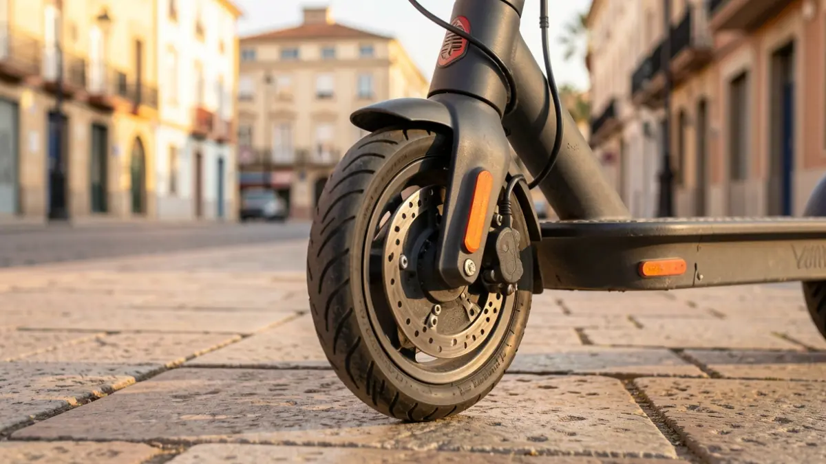 Primer plano de la rueda de un patinete eléctrico aparcado en una acera de Tres Cantos.